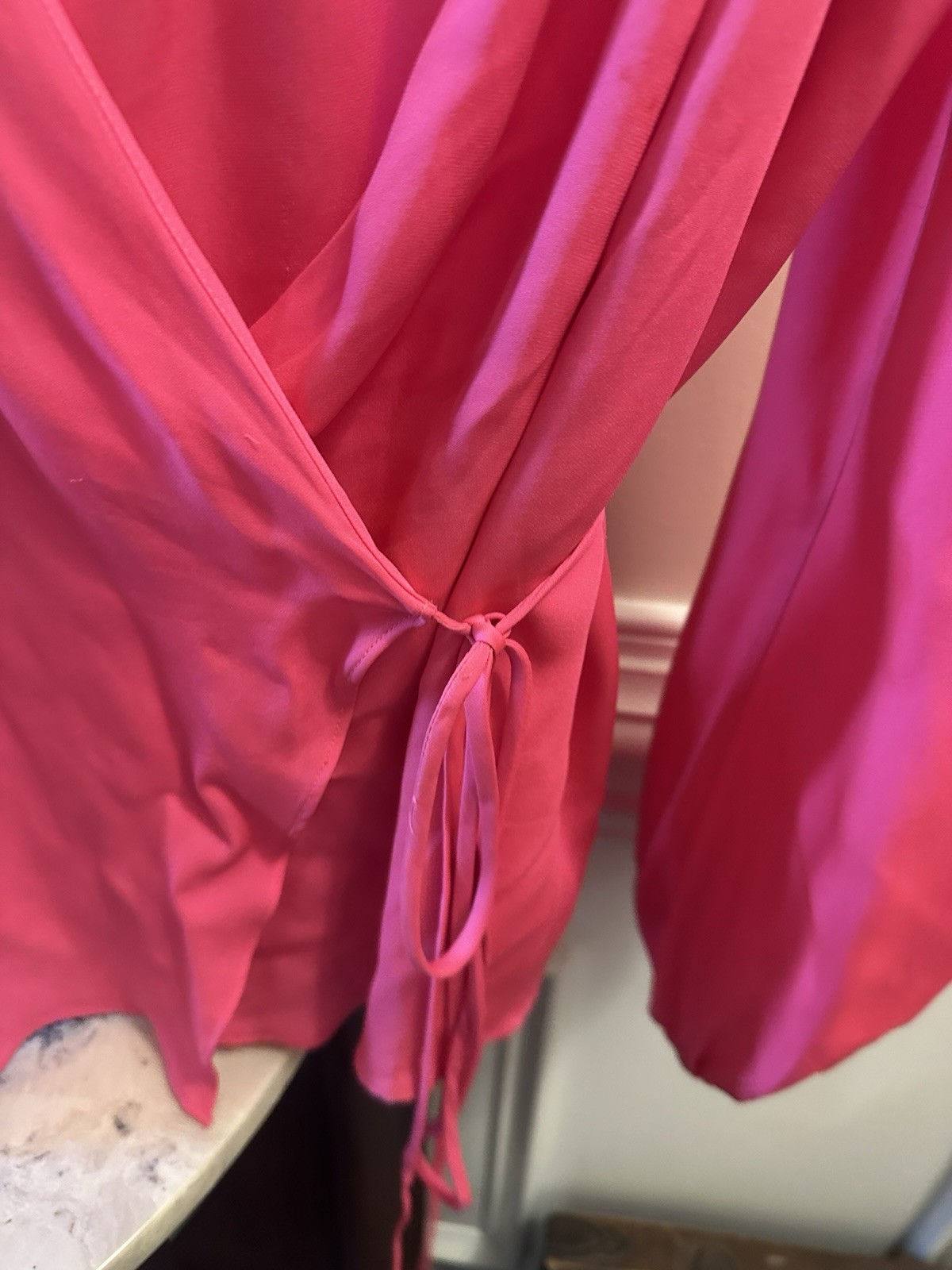 Milly Pink Satin Silk Blend V-Neck Tie Front Long Sleeve Blouse Size 6