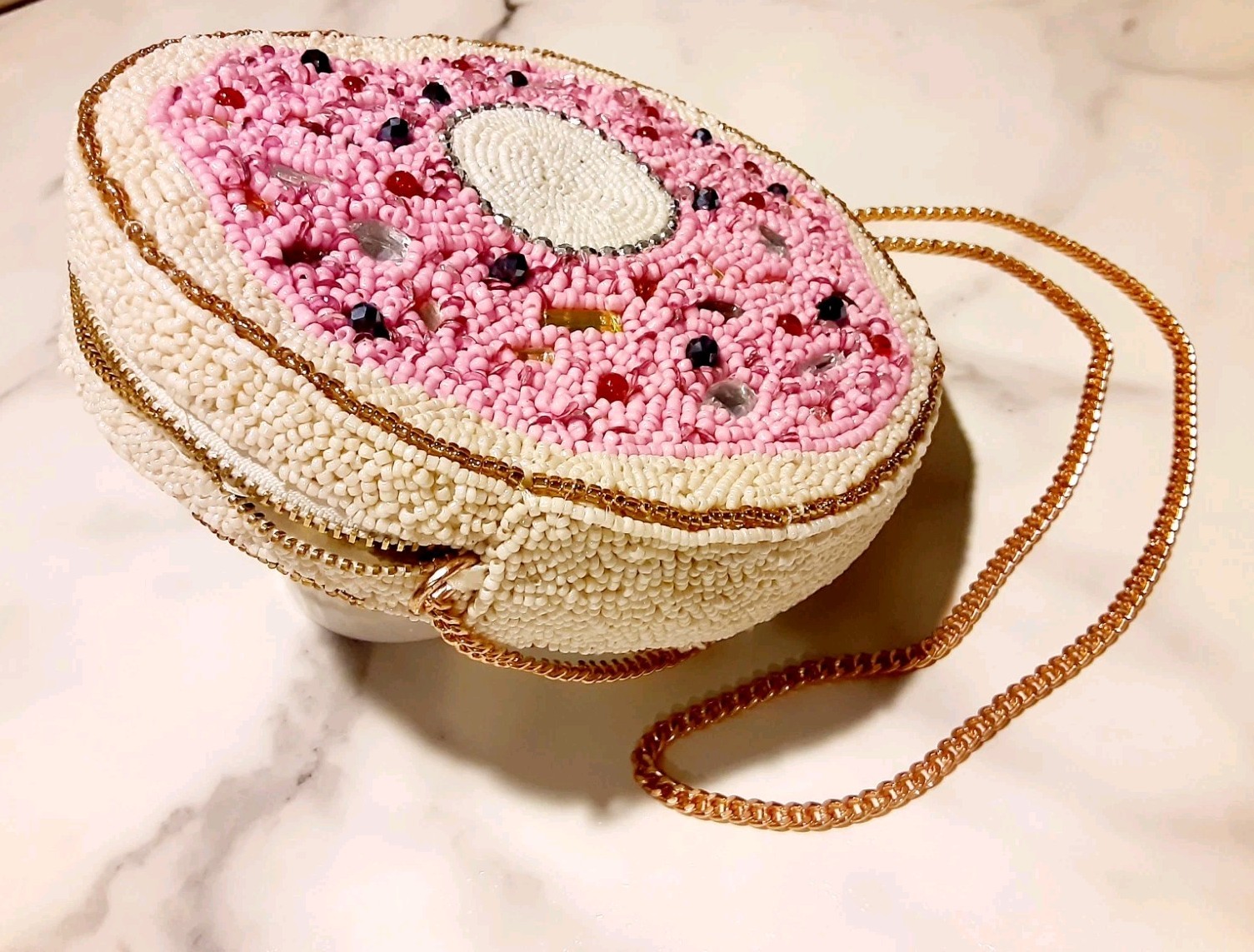 VIRAL Pink Donut Beaded Crossbody Bag Made in India Beaded Purse Gold Chain
