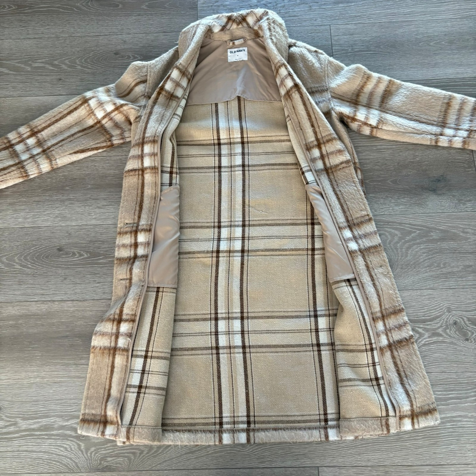 Old Navy Womens Beige White Plaid Button-Front Classic Winter Overcoat Size M