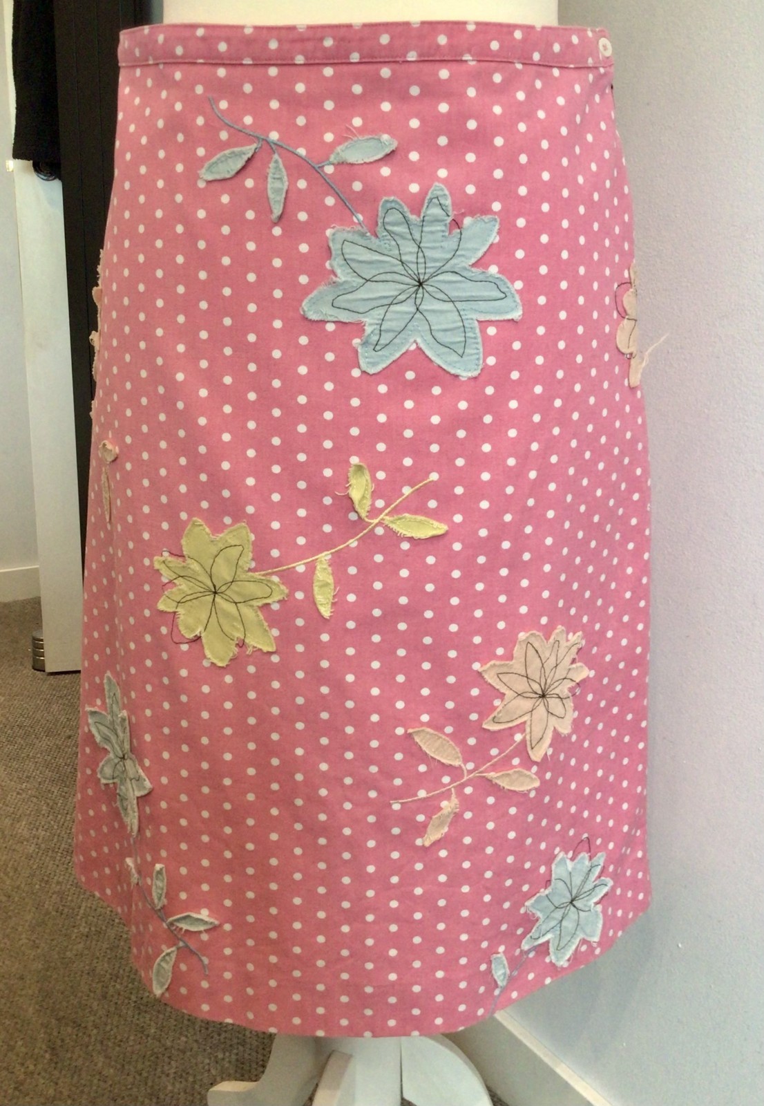 Vintage Boden Pink Polka Dot Floral Embroidered Lined 100% Cotton Skirt (14R)