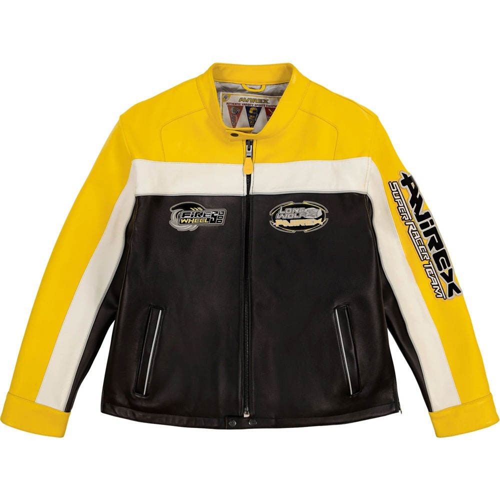 Avirex Racing Leather Jacket Men Super Racer Team Lone Wolf Biker Coat Yellow