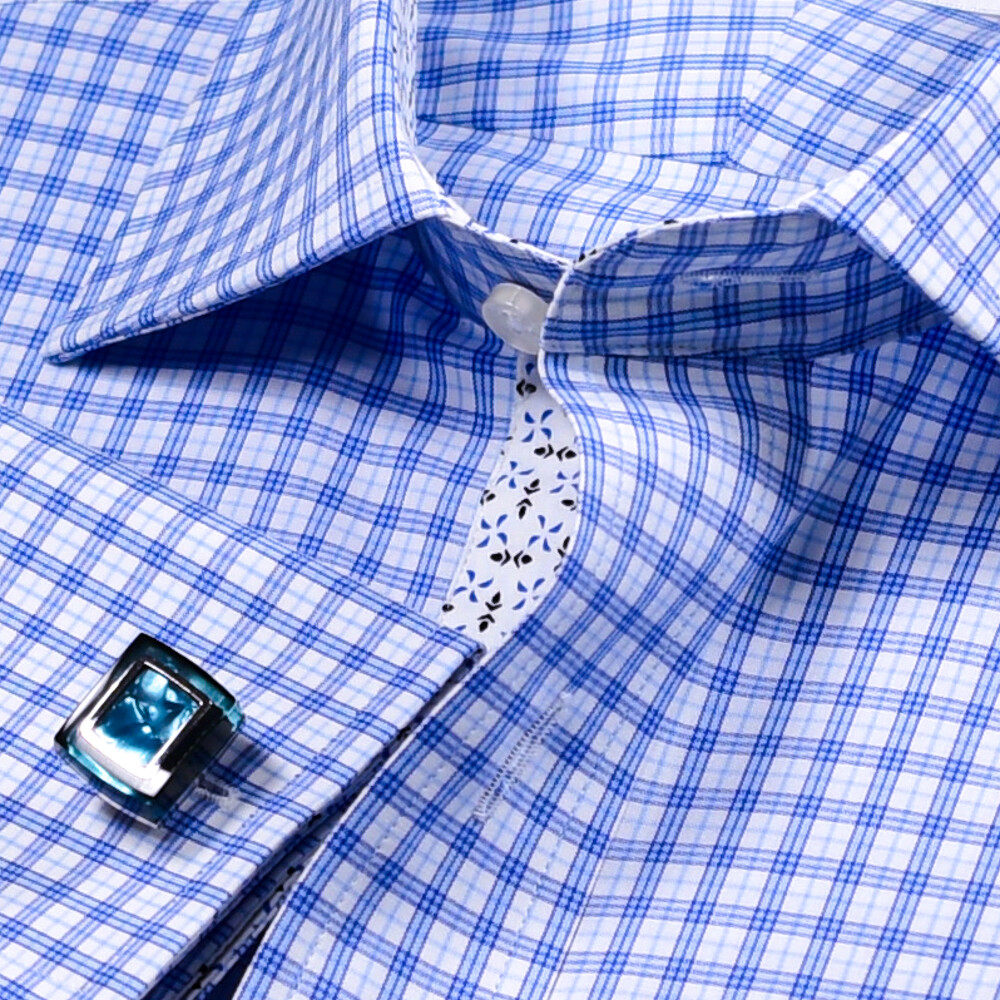 Light Blue Checkered Formal Business Shirt With Floral Inner Lining Top Quality