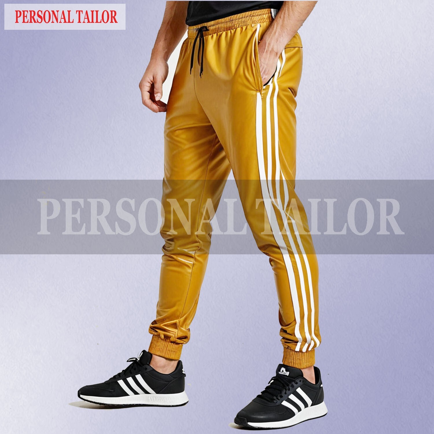 Men’s Lambskin Mustard Leather Track Trouser Sweat Pants Stripes Jogger Trouser