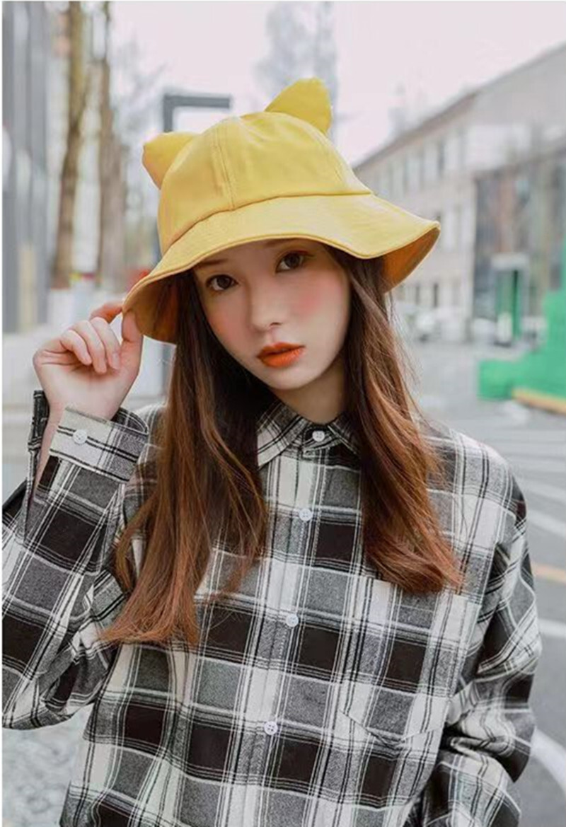 Summer and Spring Women Lovely Cat Ears Small Tail Bucket Hat Girl Fisherman Cap