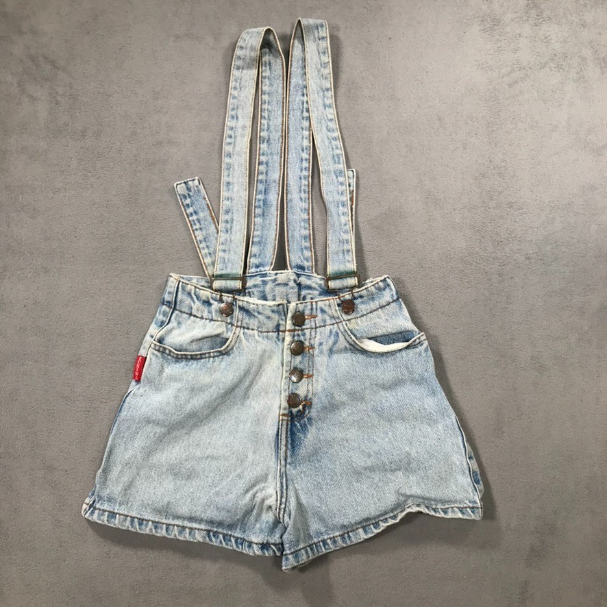 VTG 90s Shorts Overalls Womens Small Blue Denim Light Wash Shortalls Suspenders