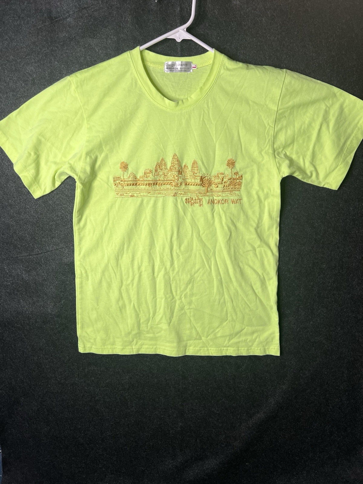 Vintage Cambodia Asia Angkor T-Shirt Lime Green Women’s Size L Embroidery 90s
