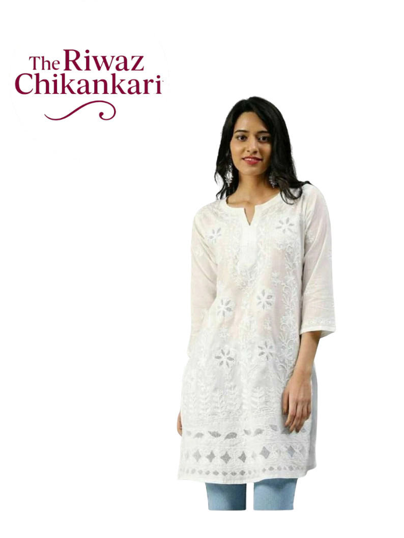 White Cotton Chikankari Kurti for Women | Lucknowi Hand Embroidery Ethnic Wear