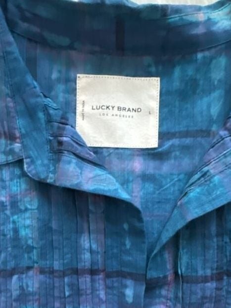 Lucky Brand Blue Plaid Babydoll Top Large 100% Cotton Pintuck Boho Blouse