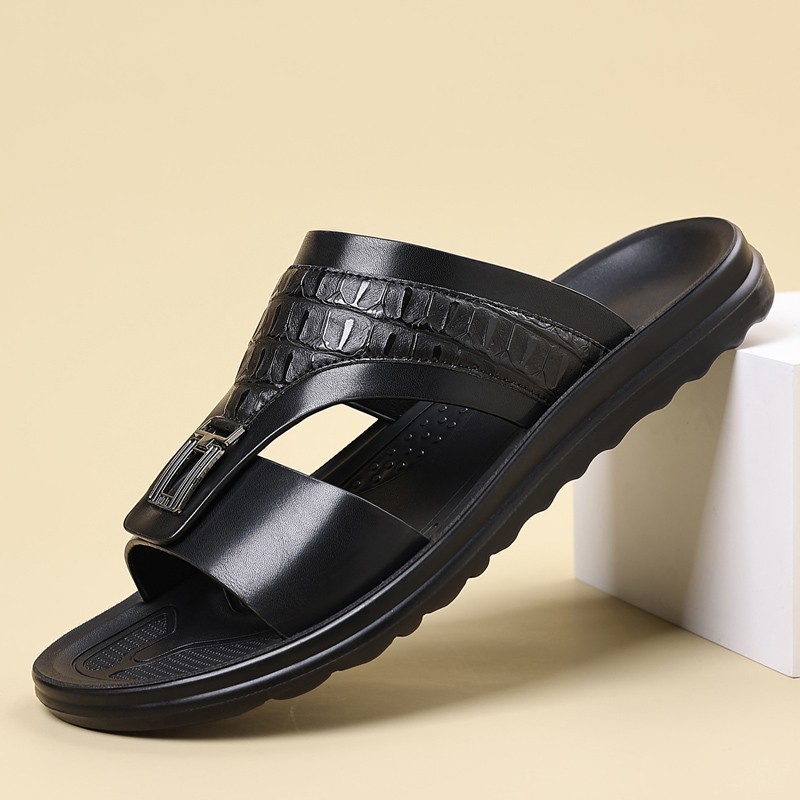 Men’s Croc-Embossed Slide Sandals, PU Leather, Comfort Non-Slip Rubber Sole