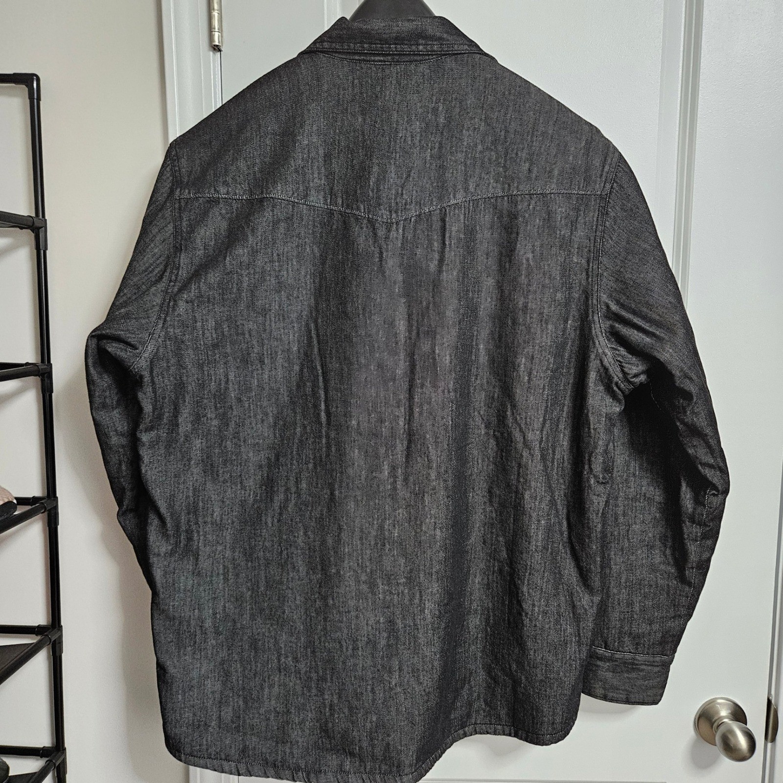 Wrangler Shirt Jacket Mens L Black Denim Sherpa Lined Workwear Western Rugged