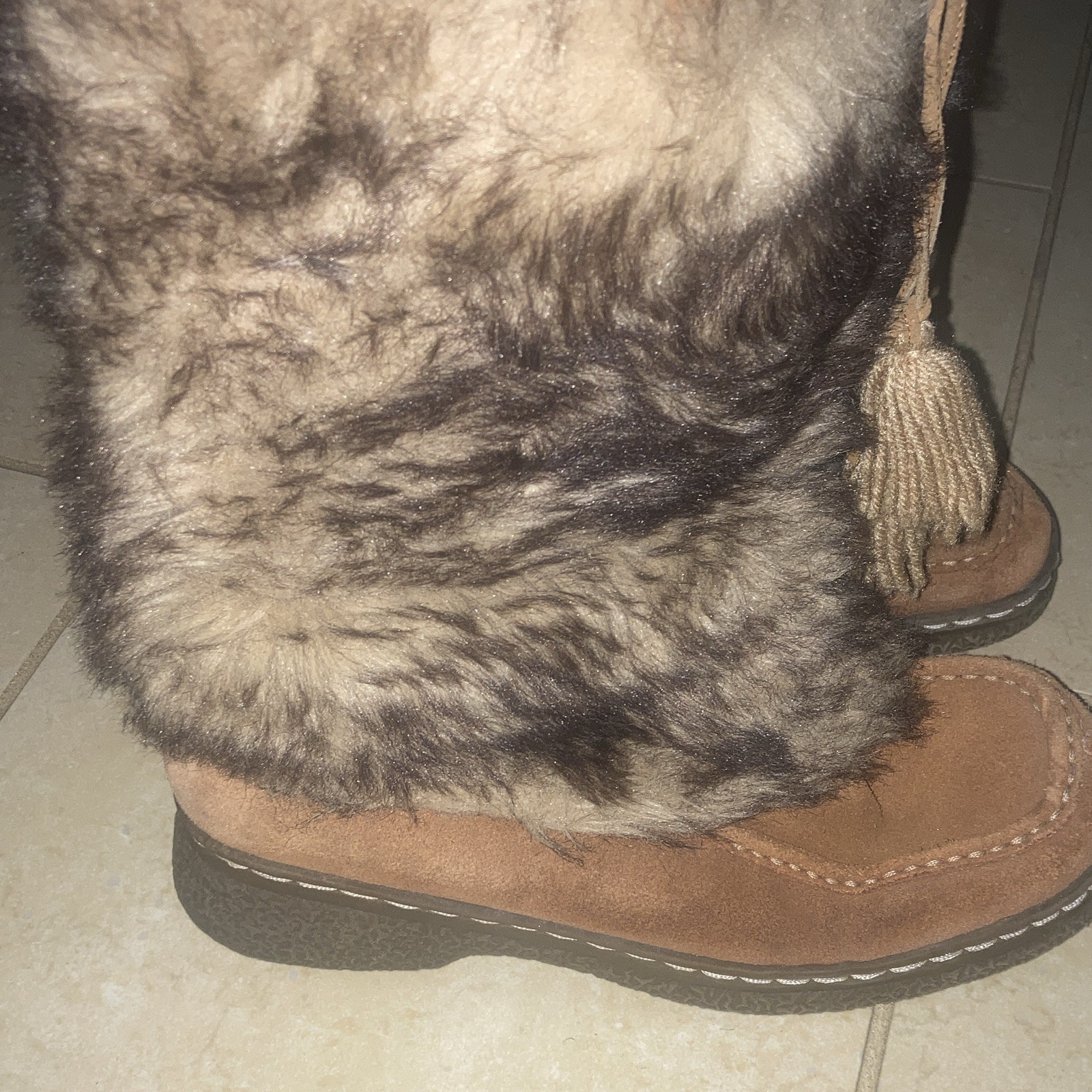 BareTraps Women’s Brown Suede Faux Fur Tassel Mid-Calf Lined Slip-On Boots 7