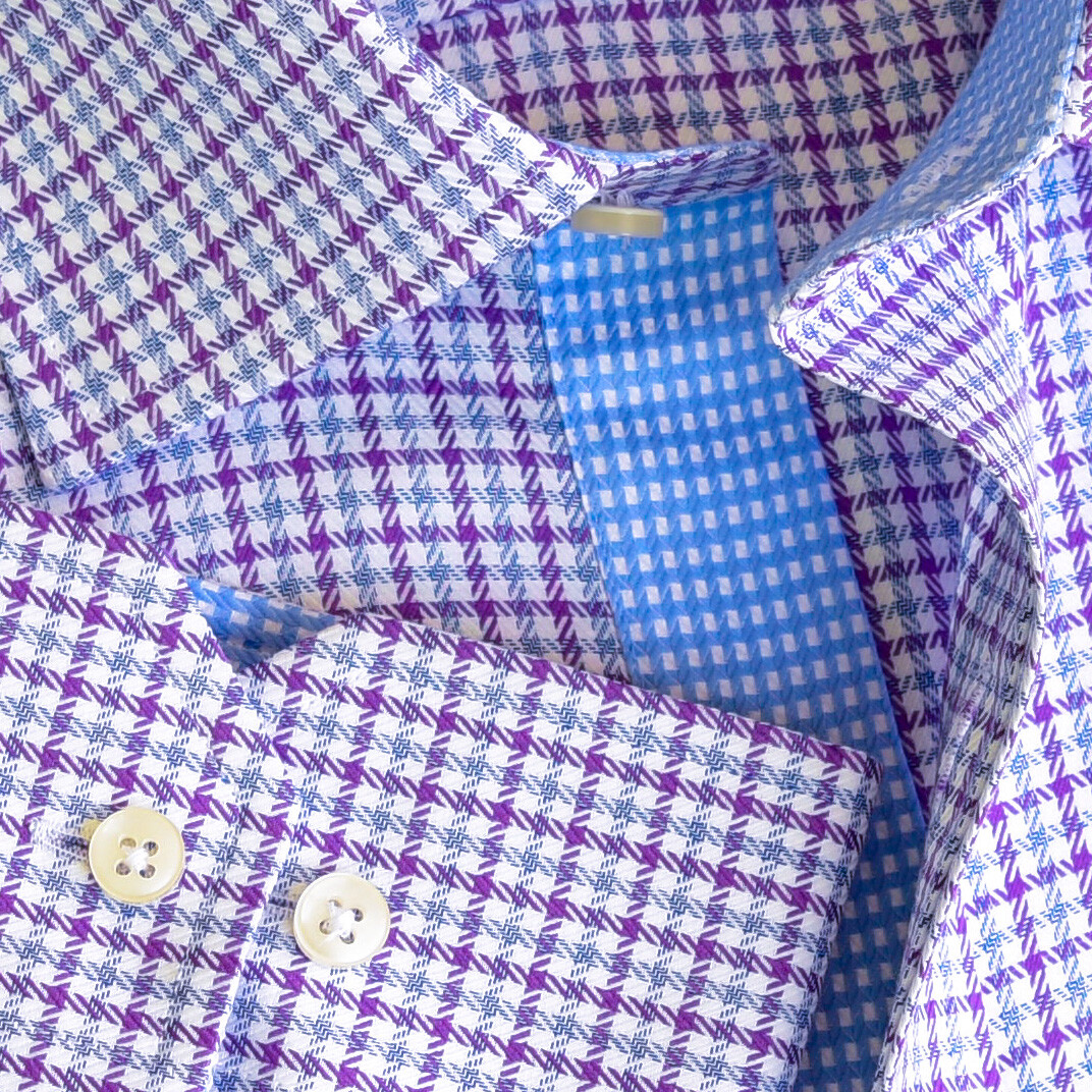 Pink Blue Plaid Elegant Formal Dress Shirt Mens Check Checkers Style Top