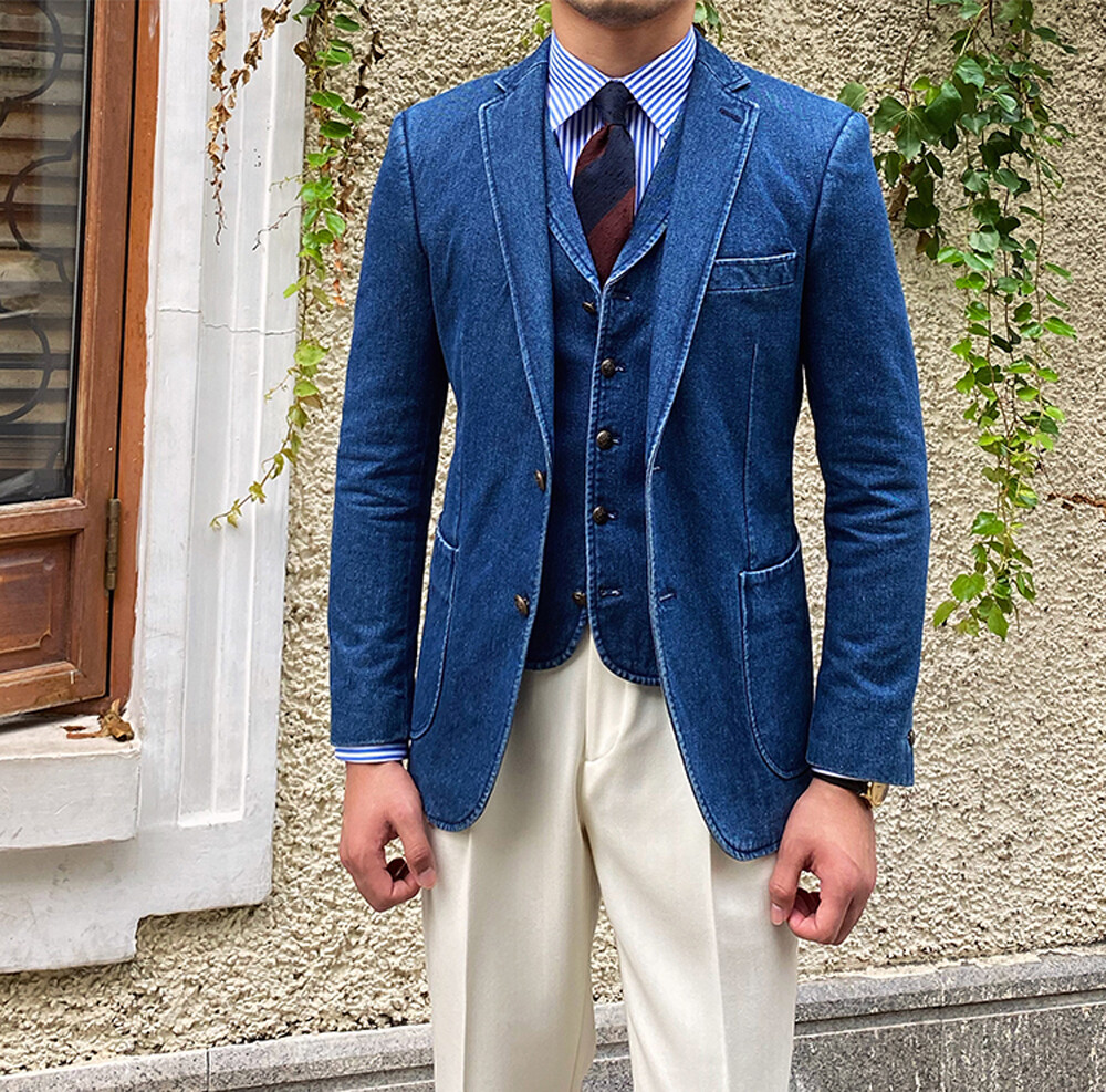 Denim Men Suits Single-Breasted Jacket Notch Lapel Blazer Business Casual Wear