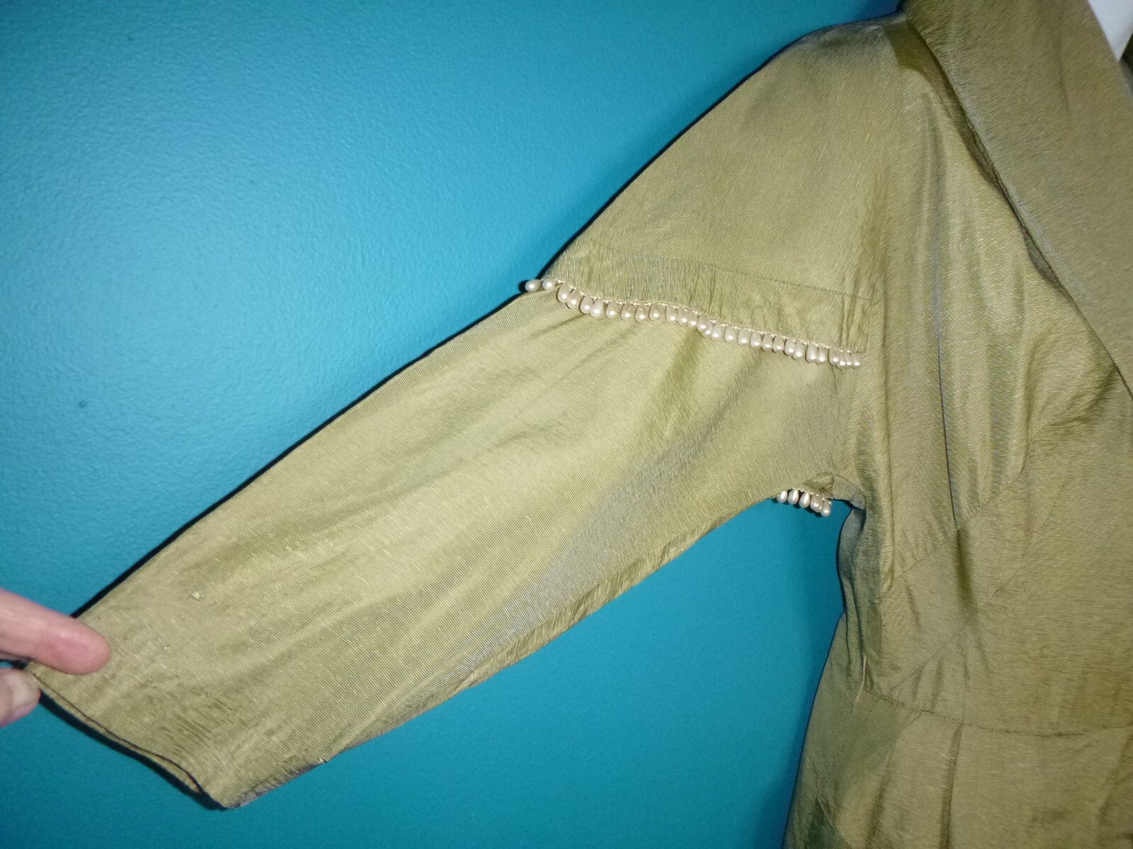 Vtg 50s Shawl Collar Dress Khaki Satin Fabric Teardrop Pearl Bead Accents Sz S