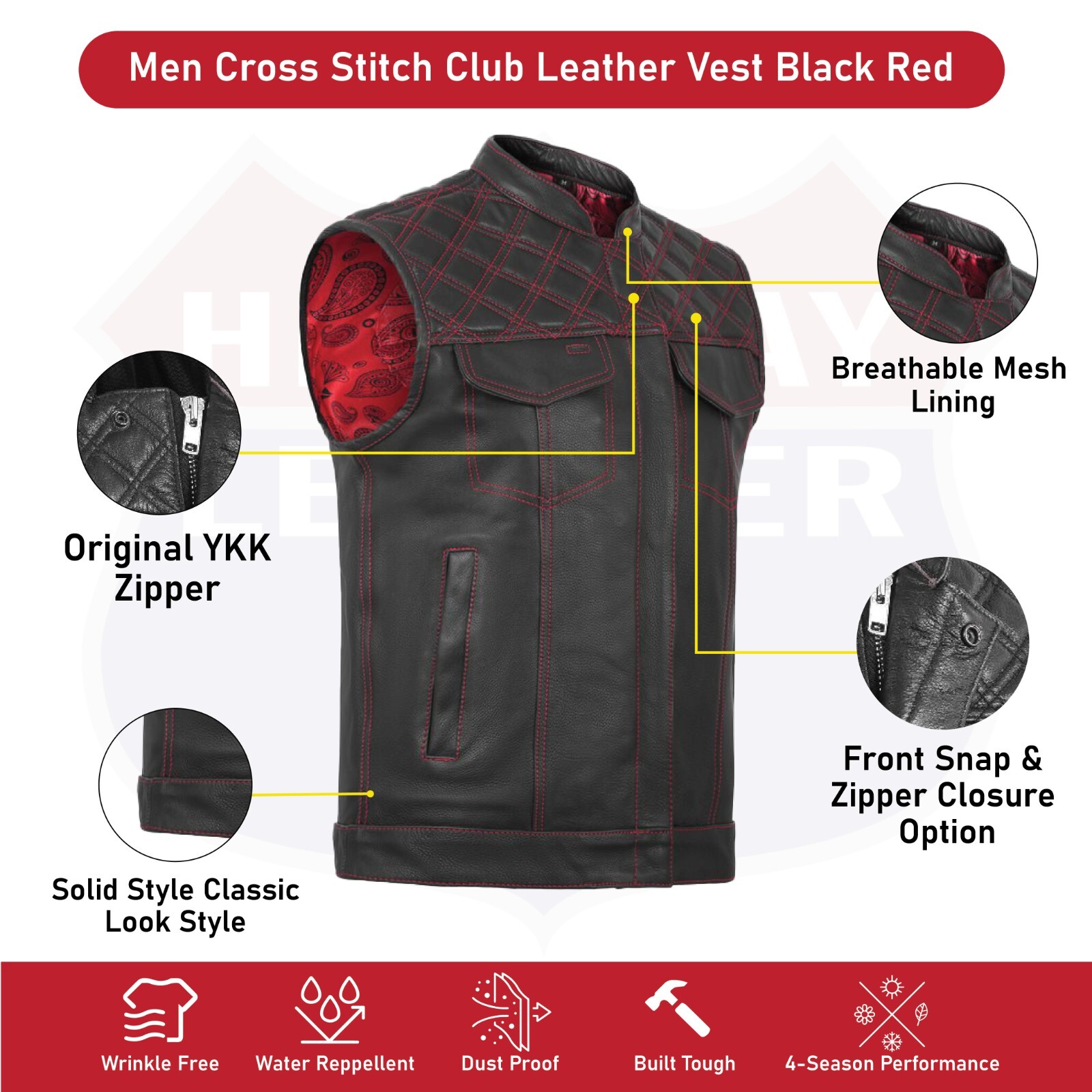RED black men cross stich vest , HL11693SPTRED black men ,USA stock leather vest