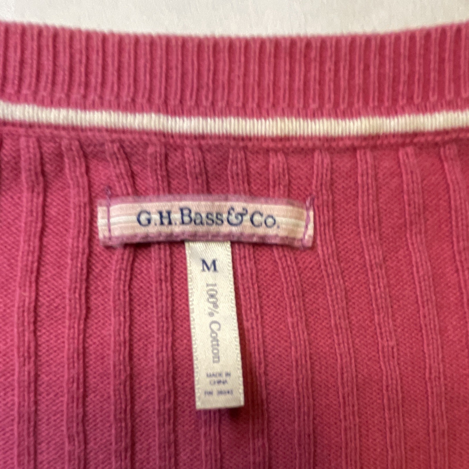G.H. Bass & Co. Women’s Pink Rib-Knit V-Neck Long Sleeve Cotton Sweater M