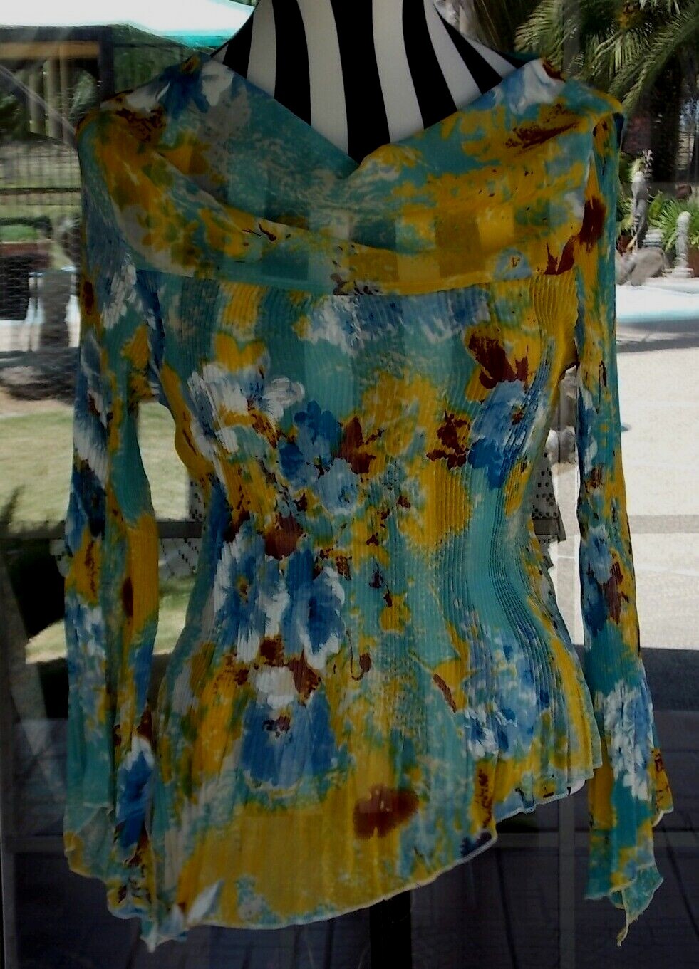 3/4 Split Flutter Sleeves Cowl Neck Pleat Asym Hem Sheer Shirt Sz. M 34-38″ Bust