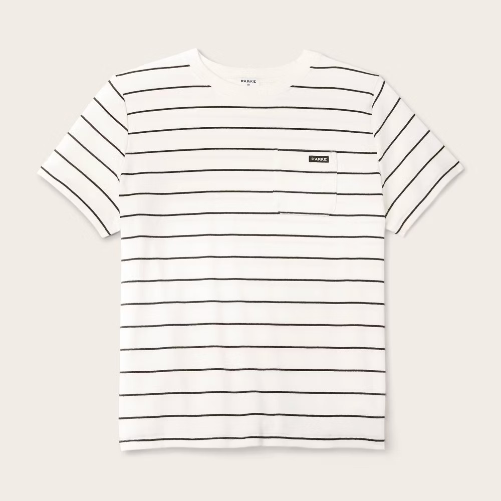 Women Short Sleeve Crewneck Pocket T-Shirt – Parke Navy Blue Striped XS