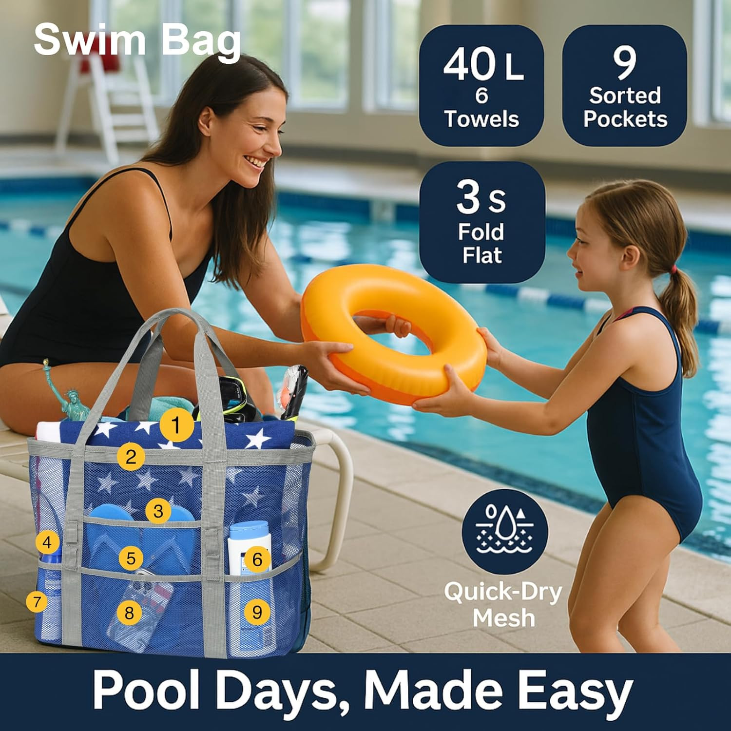Mesh Beach Bag Family – Large Tote Bag 9 Pockets for Swim Pool Toys Cruise Beach