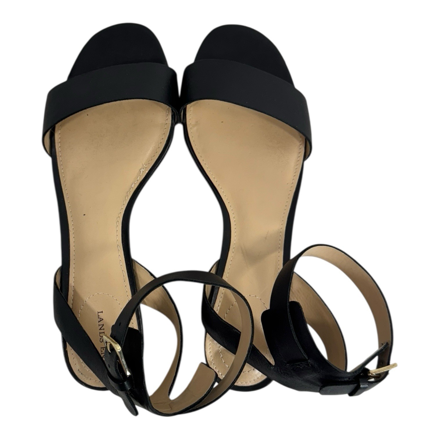 LANDS END Womens 7D 7 D Essential Leather Sandals Ankle Strap Minimalist BLACK