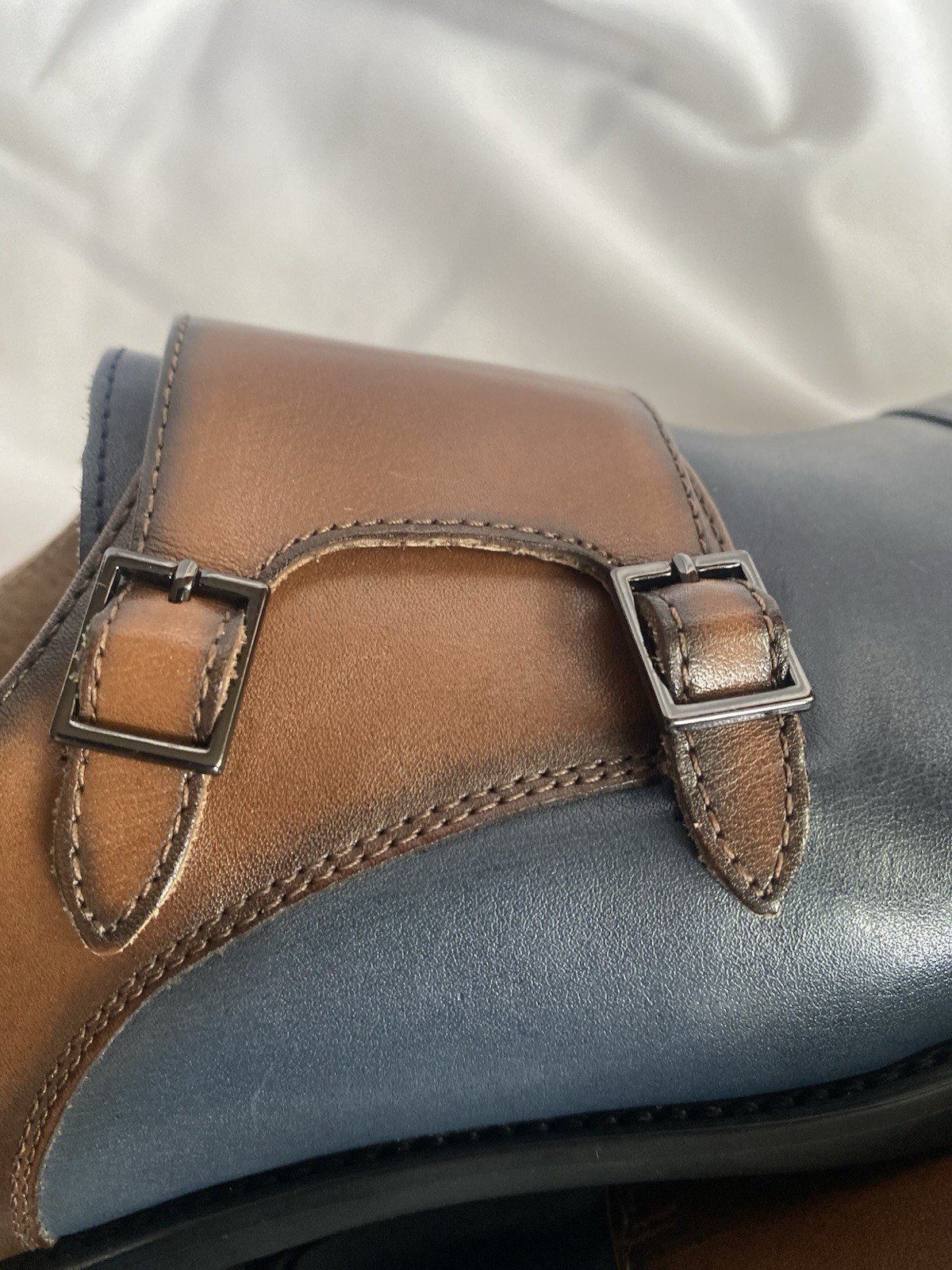 Stacy Adams Raythorne Cap Toe Double Monk Strap Navy Brown Leather Oxford Men 11