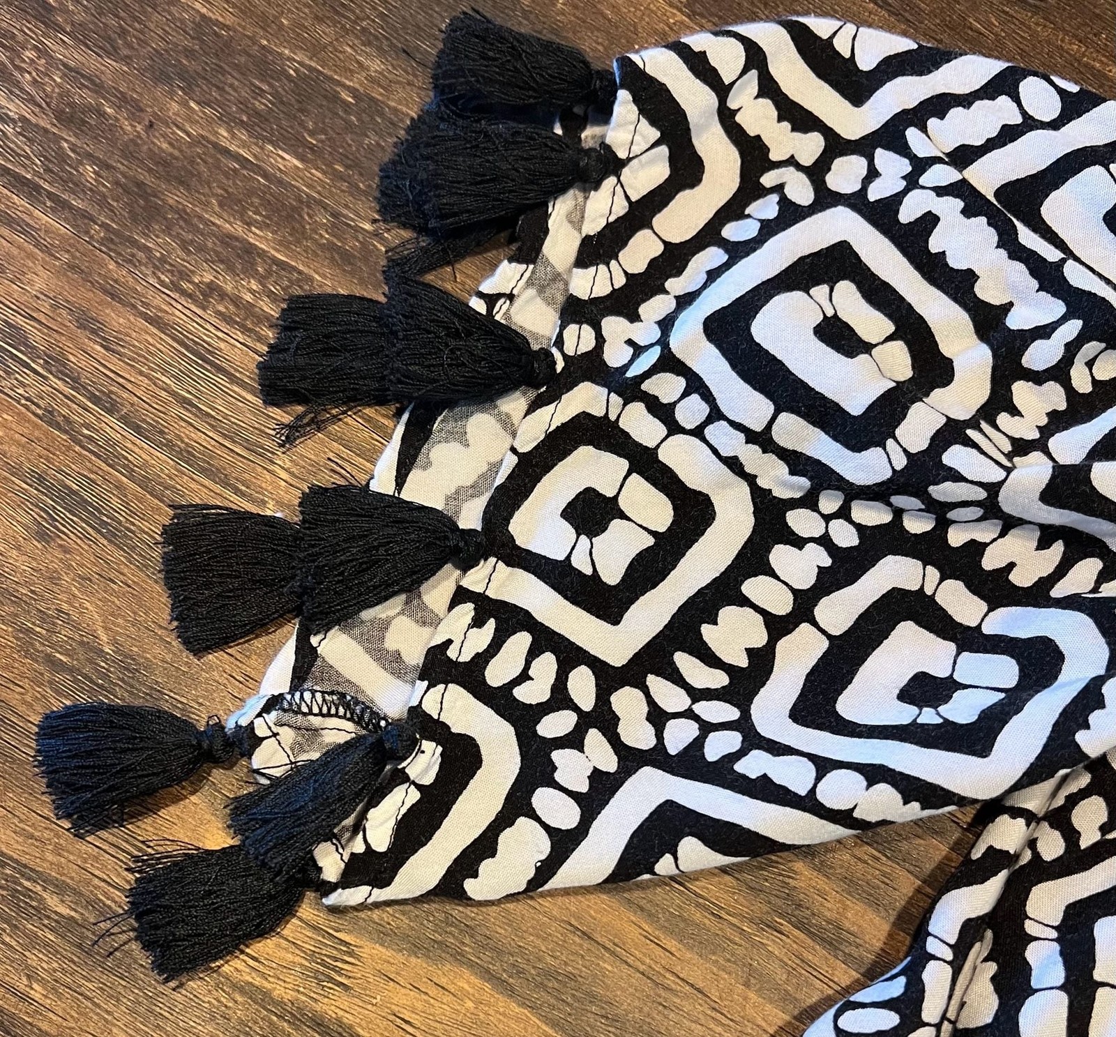 Escapada Living Smocked Geo Print Tassel Sleeve Blouse