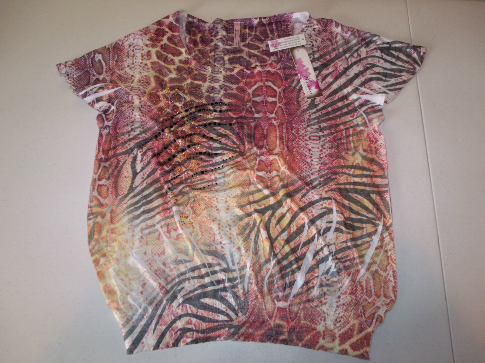 Nwt Kiara Womens Short Sleeve Shirt Bronze Orange Purple Embellished Small S