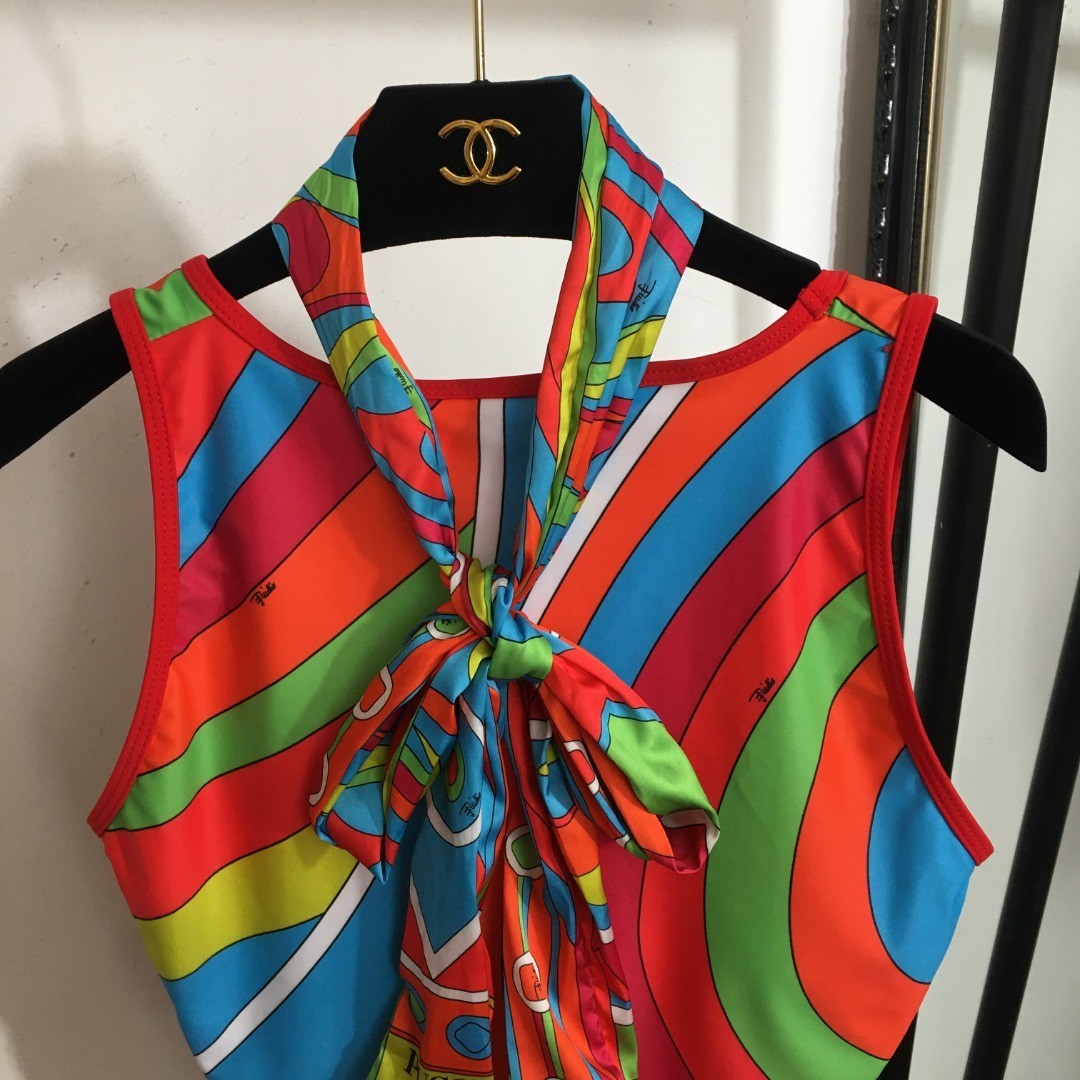 PuccI’s new color-blocked abstract print one-piece swimsuit with scarf, size M
