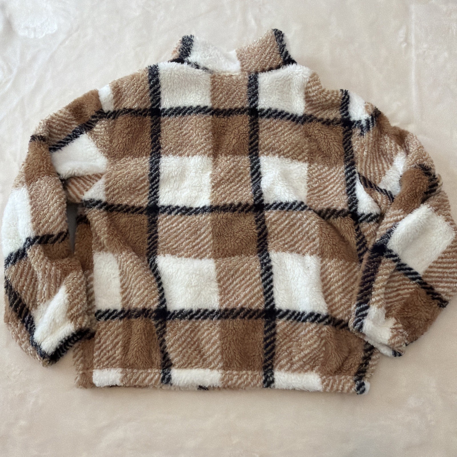 Love Ellie Sherpa Plaid beige/ white-Quarter Zip Fleece , gorpcorp. Size M