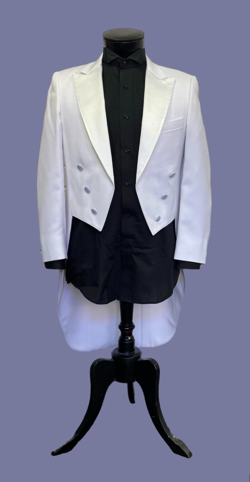 Men’s White Tuxedo Tailcoat with Satin Lapels- Easy Care Wedding Prom Black Tie