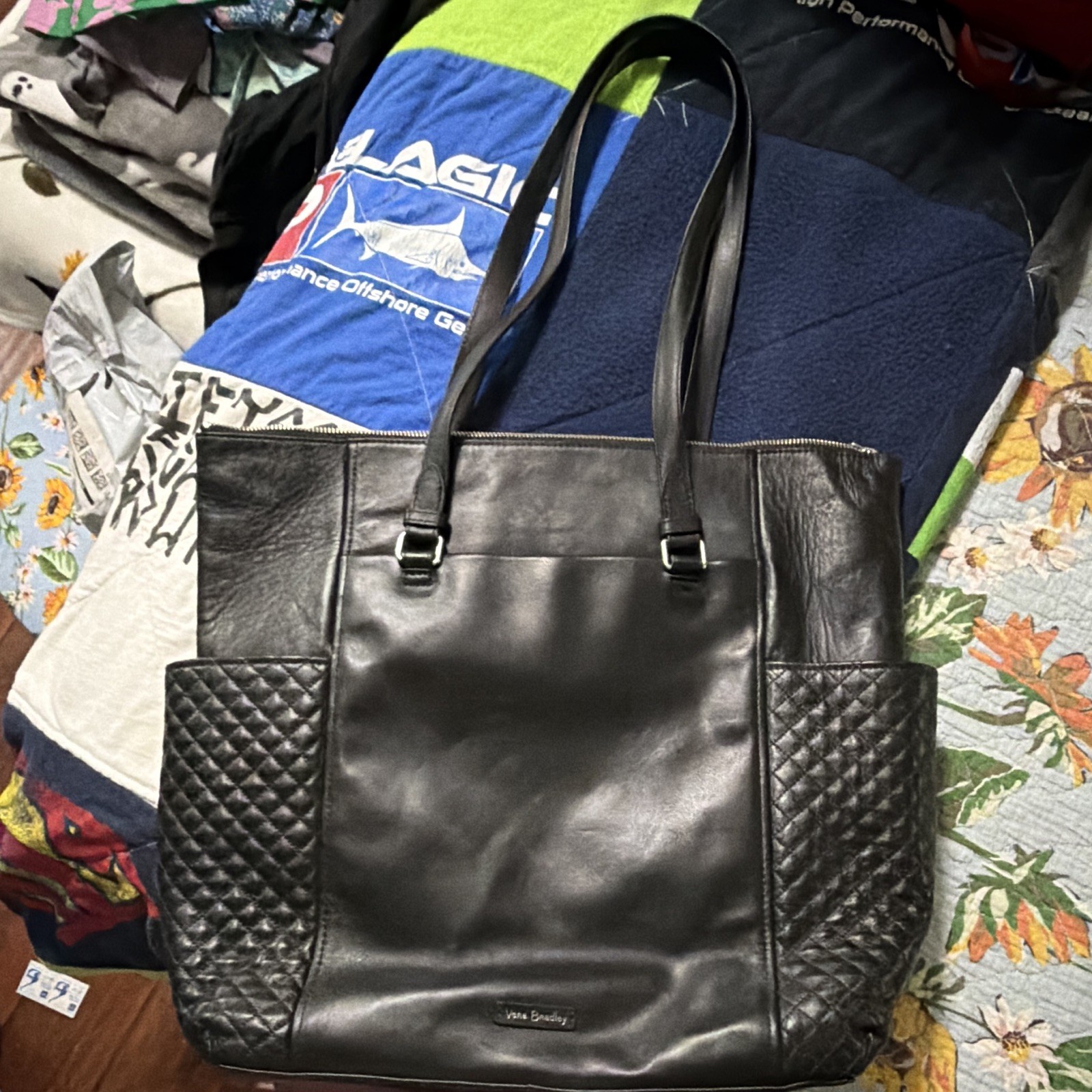 Vera Bradley Black Quilted Tote Shoulder Bag Zip Top Silver Hardware Pockets