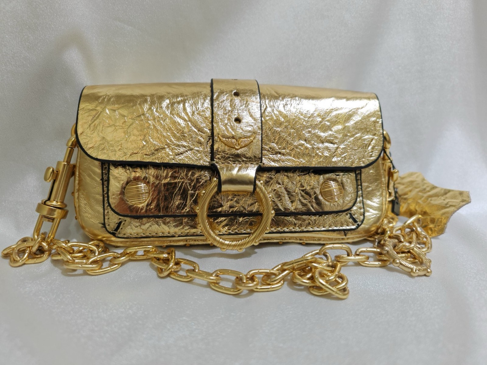 🎁🎁Zadig&Voltaire 20cm Women Gold Wrinkle Cow Leather Shoulder Bag Phone Pouch