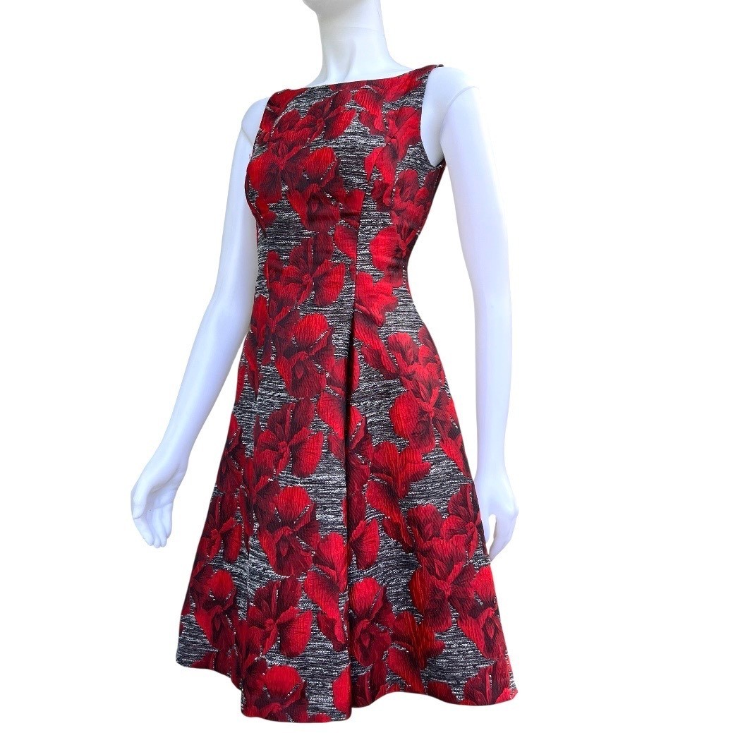 Adrianna Papell Floral Jacquard Fit & Flare Dress Red Black V-Back Old Money 4