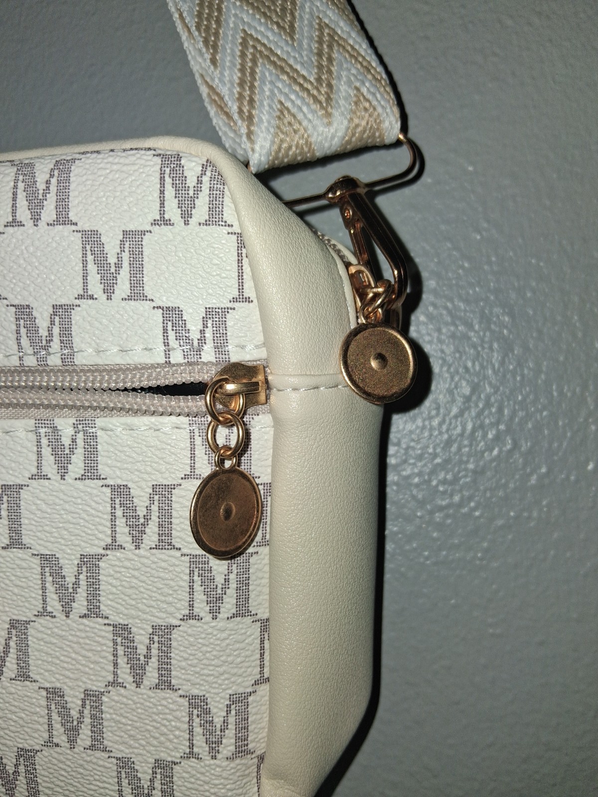 Beige Monogram Crossbody Shoulder Bag Zip Closure Adjustable Strap Gold
