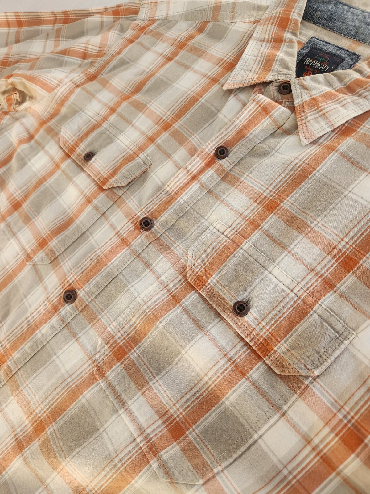 RedHead Men M Orange Beige Plaid Cotton Woven Short Sleeve Button-Up Pocket #043