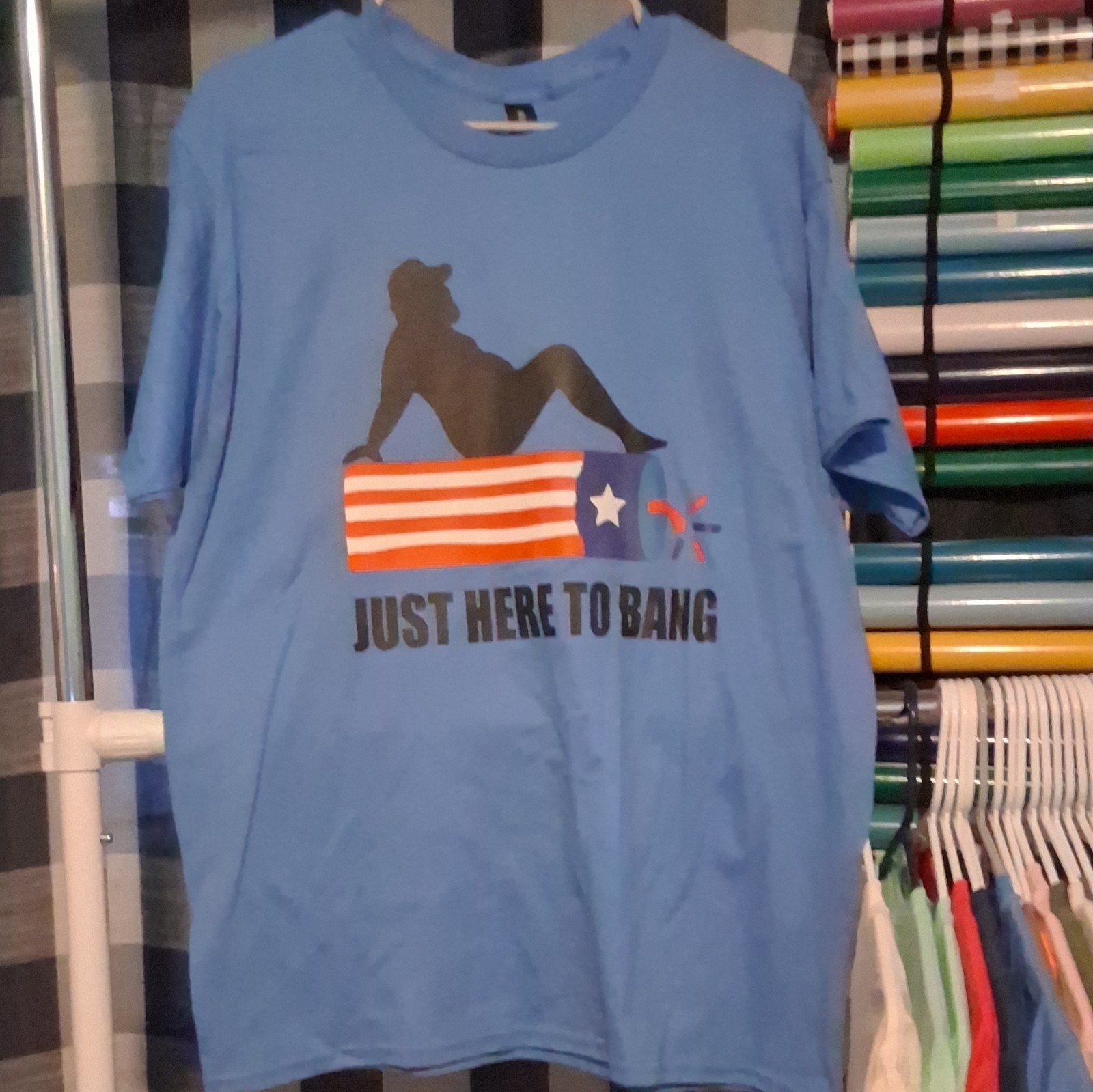 Gildan Ultra Cotton Men’s L Blue Crew Neck Short Sleeve “Just Here To Bang” Tee
