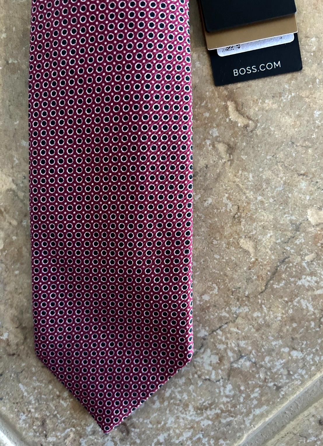 Hugo Boss Cotton Blend Mens Tie Necktie Dark Red wCircles Made in Italy $118 NWT