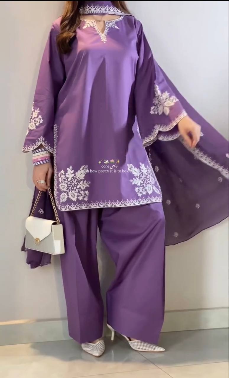 Latest Heavy Roman Cotton Purple Top Bottom With Dupatta For Function Wear
