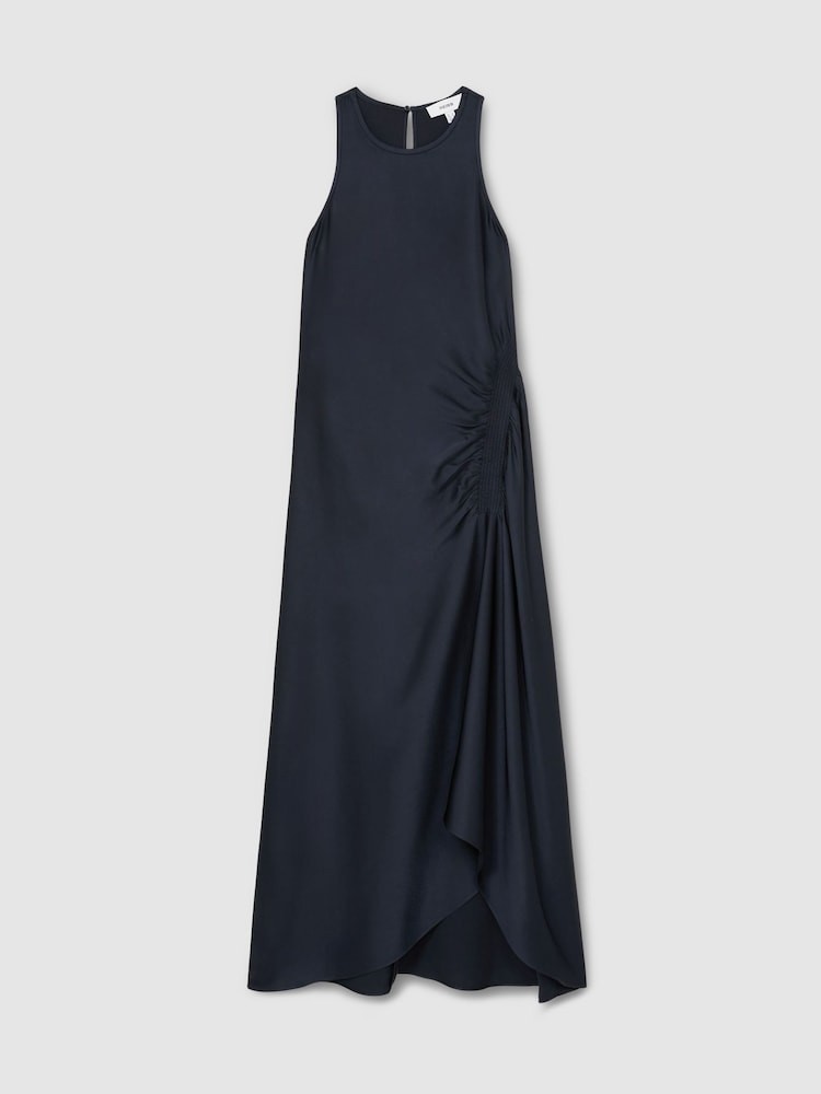REISS Anessa Satin Shirred Midi Dress Navy UK Size 14