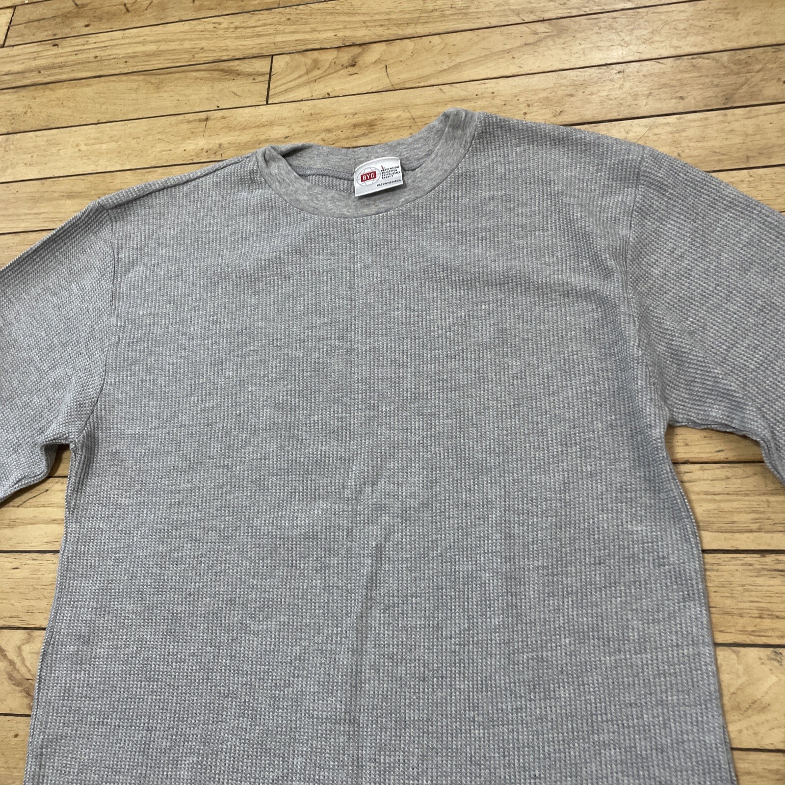 BYC Shirt Men L Light Gray Slim Thermal Waffle Knit Long Sleeve Skate Sk8 36″