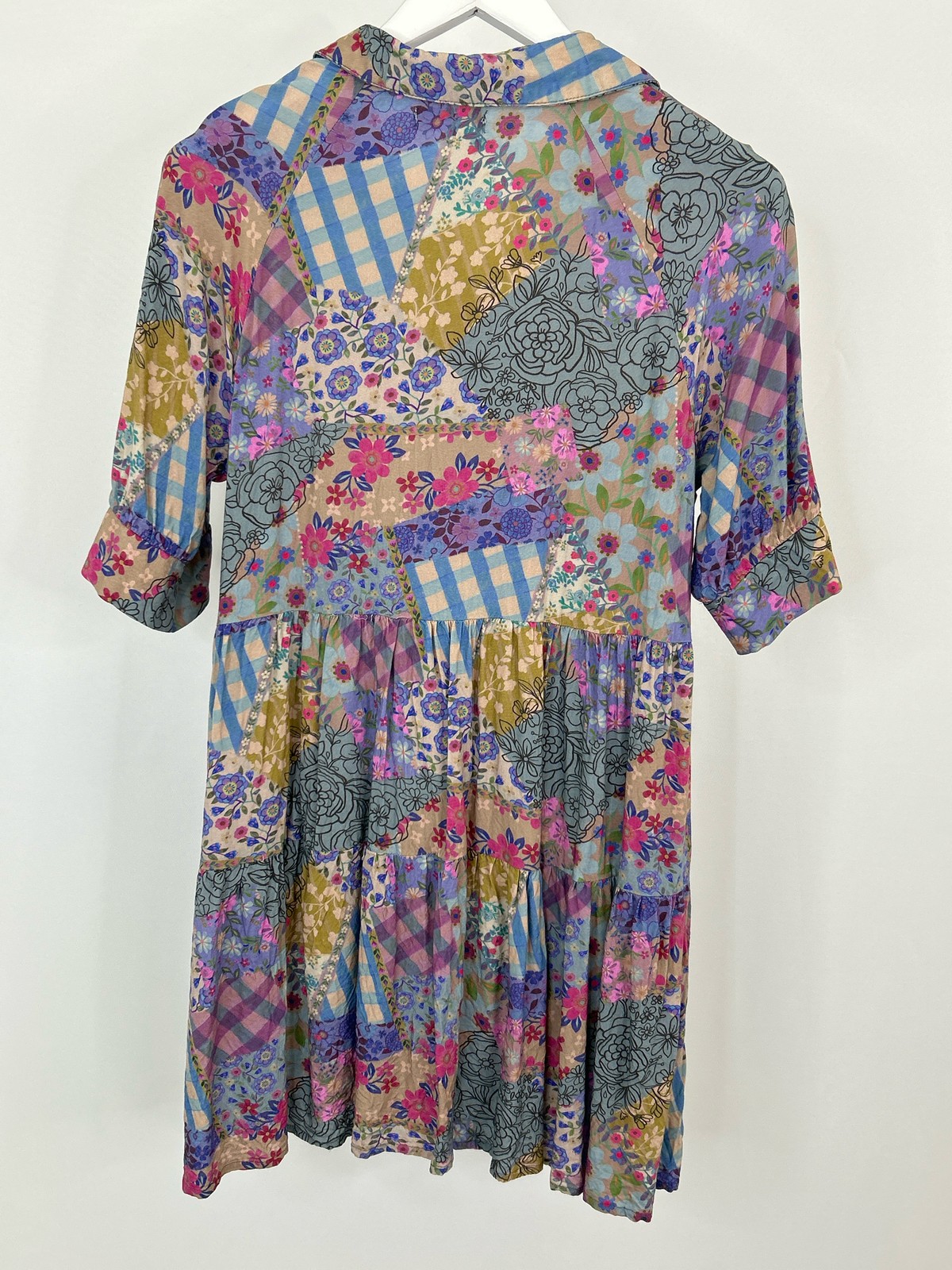 NATURAL LIFE Size M PURPLE AND BLUE Patchwork Women Becca Shirt Peplum Dress