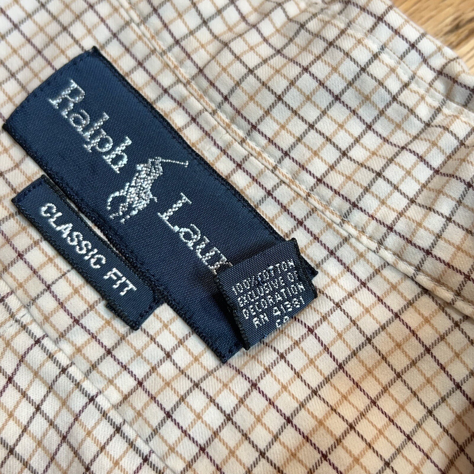 Ralph Lauren Mens Button Down Shirt 18 34-35 Classic Fit Beige White Check Plaid