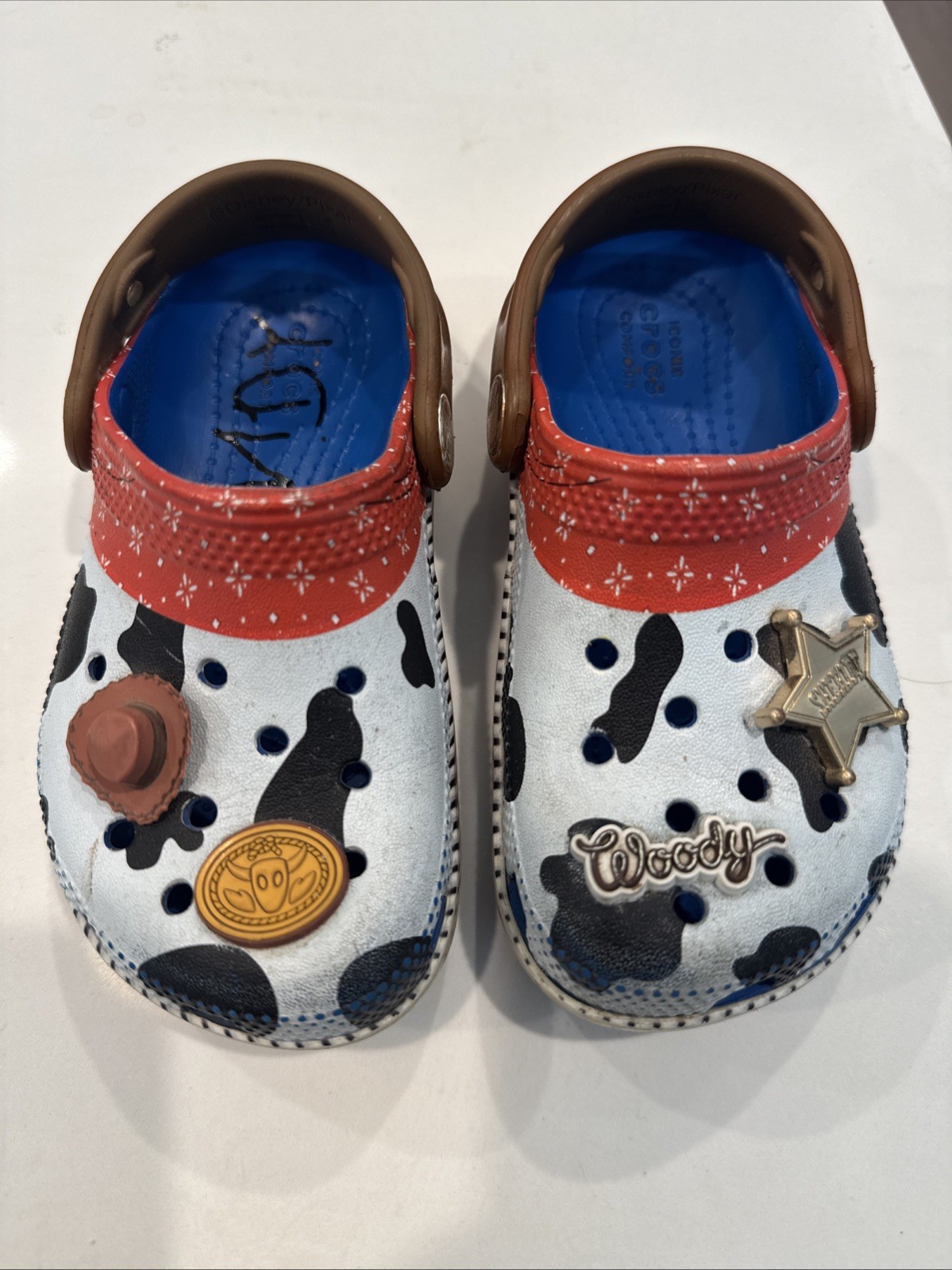 Disney Pixar, Toy Story Woody Cow Print Crocs, Size C9, Children’s, Toy Story 5
