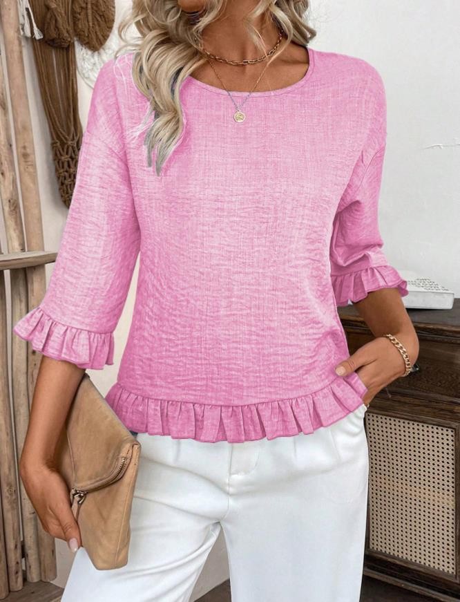 Round Neck Ruffle Sleeve Loose Casual Blouse Top