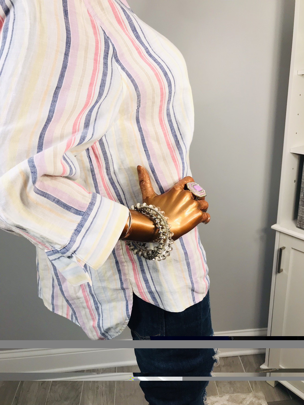 Chico’s 3 or XL Top Striped Soft 100% Linen Button Up Shirt 3/4 Sleeves Low Cut