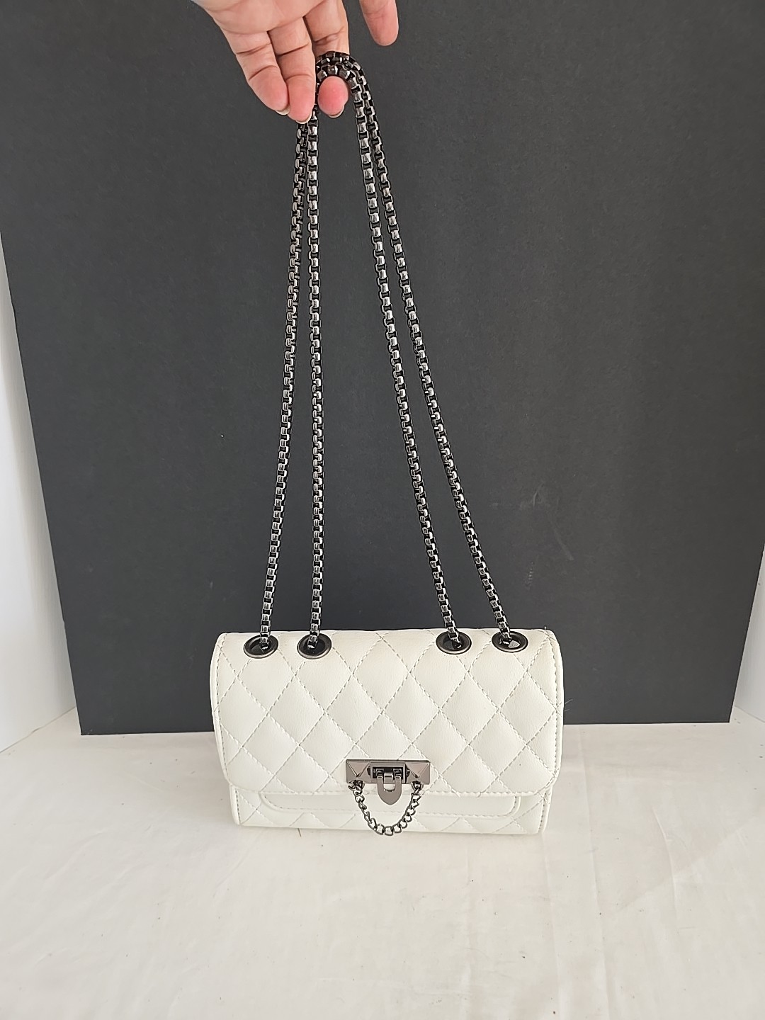 White Minimalist Fashion Quilt Diamond Lattice Square Bag Shoulder HandBag Purse
