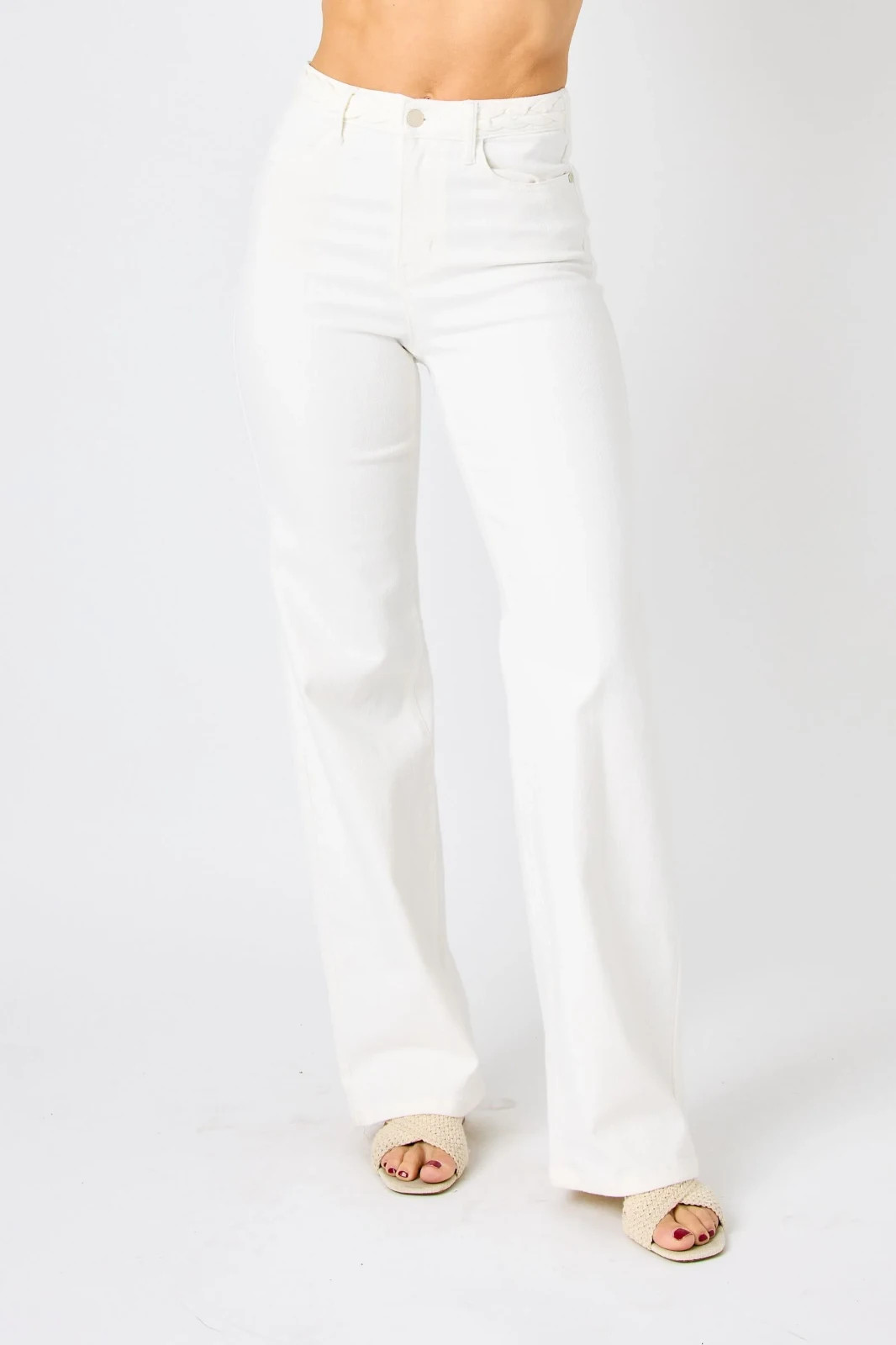 Judy Blue Women’s High‑Rise Braided Waistband White Wide Leg Jeans, Size 15/32