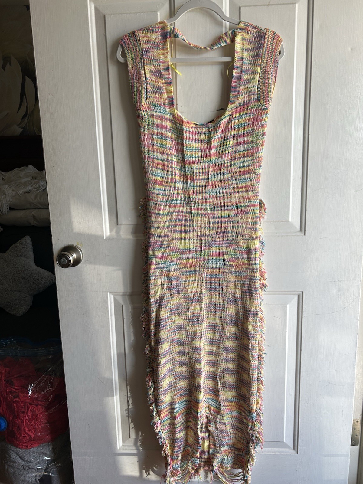 Fashion Nova Multicolor Nessa Knit Acrylic Fringe Maxi Square Neck L SD272
