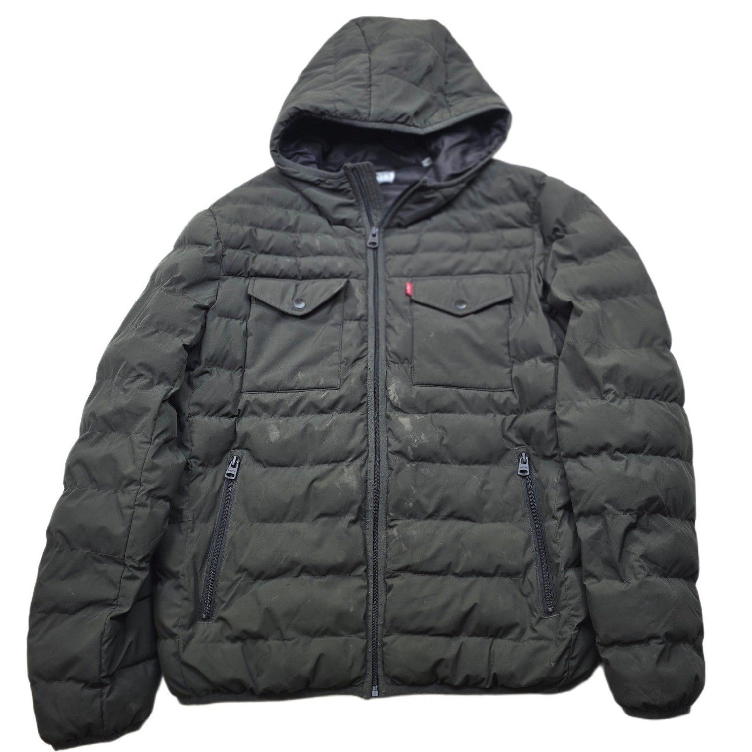 Levi’s Puffer Jacket Men’s Medium Olive Green Insulated Pockets Hooded WORK