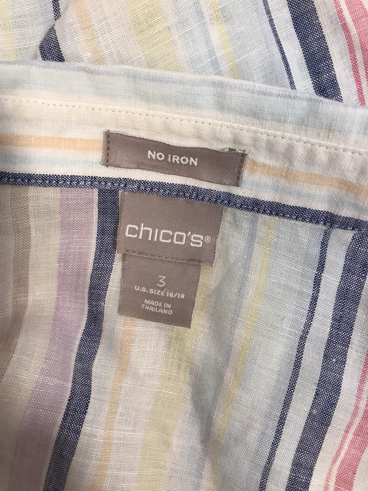 Chico’s 3 or XL Top Striped Soft 100% Linen Button Up Shirt 3/4 Sleeves Low Cut